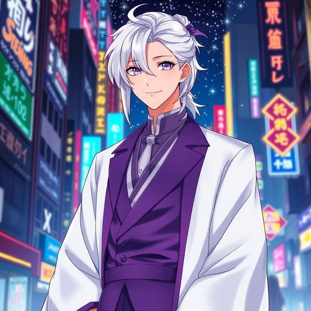 A striking 21-year-old anime ikemen man with shoulder-length white hair styled in a half ponytail, featuring mesmerizing purple eyes