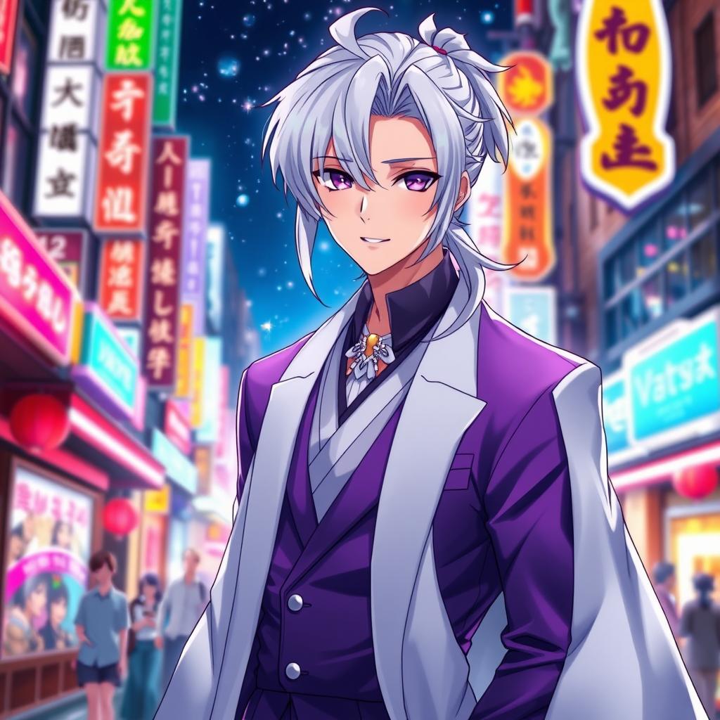 A striking 21-year-old anime ikemen man with shoulder-length white hair styled in a half ponytail, featuring mesmerizing purple eyes