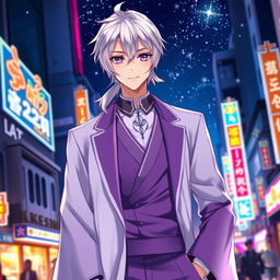 A striking 21-year-old anime ikemen man with shoulder-length white hair styled in a half ponytail, featuring mesmerizing purple eyes