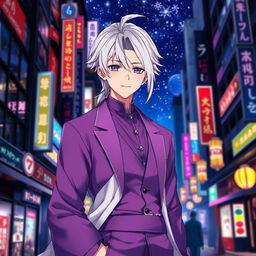 A striking 21-year-old anime ikemen man with shoulder-length white hair styled in a half ponytail, featuring mesmerizing purple eyes