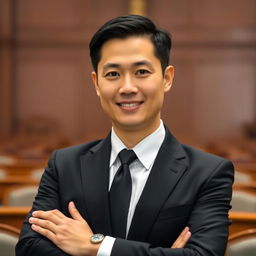 A formal portrait of a person wearing a classic black suit and a crisp white shirt, topped with a stylish tie