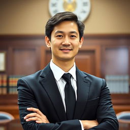 A formal portrait of a person wearing a classic black suit and a crisp white shirt, topped with a stylish tie