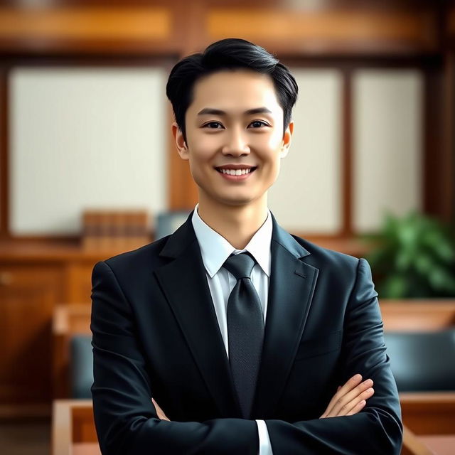 A formal portrait of a person wearing a classic black suit and a crisp white shirt, topped with a stylish tie