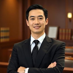A formal portrait of a person wearing a classic black suit and a crisp white shirt, topped with a stylish tie