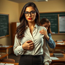 A sultry female teacher, wearing stylish glasses and an elegant blouse, in a classroom setting with chalkboards and desks
