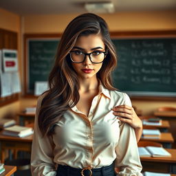 A sultry female teacher, wearing stylish glasses and an elegant blouse, in a classroom setting with chalkboards and desks