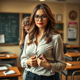 A sultry female teacher, wearing stylish glasses and an elegant blouse, in a classroom setting with chalkboards and desks