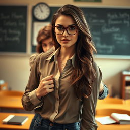 A sultry female teacher, wearing stylish glasses and an elegant blouse, in a classroom setting with chalkboards and desks