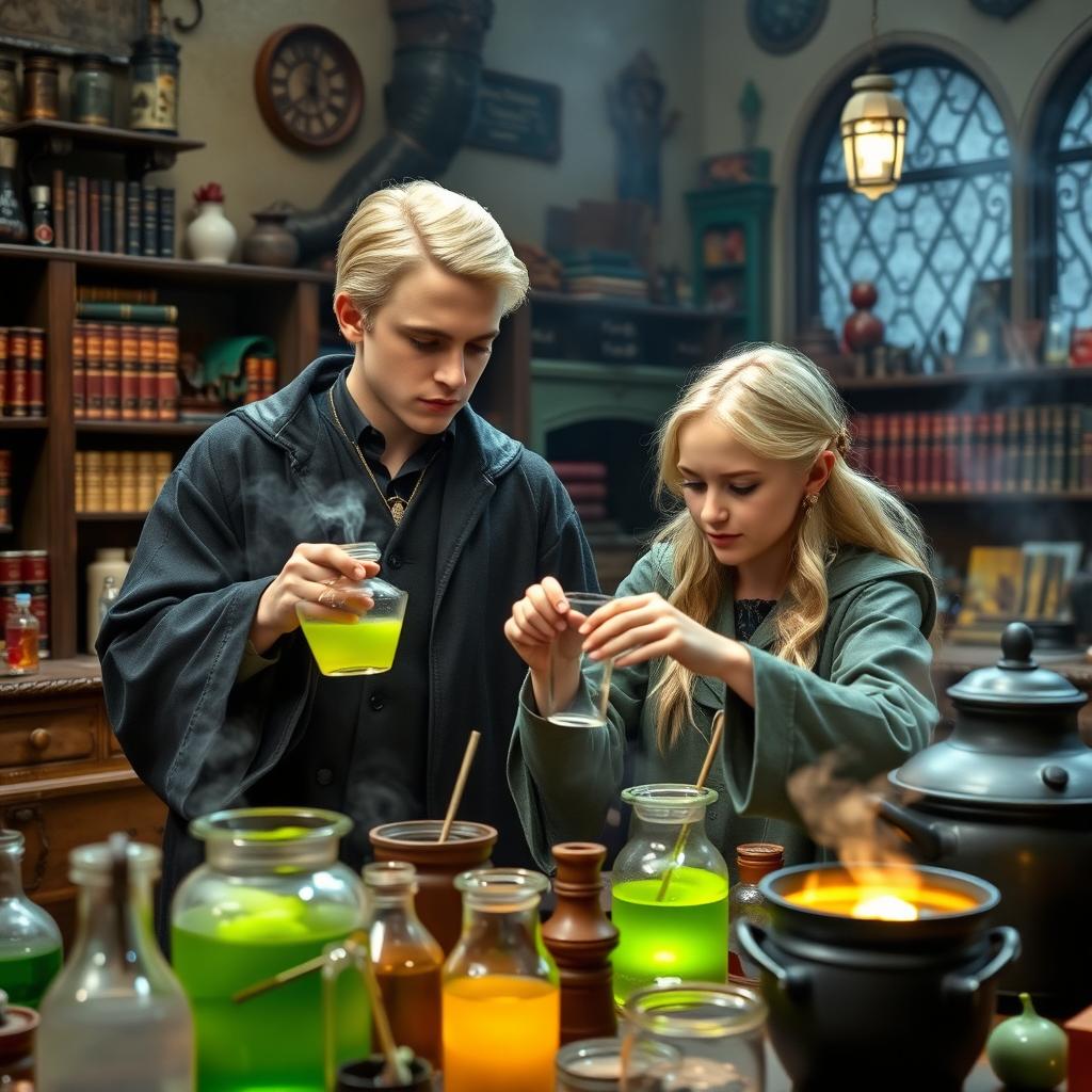 Draco Malfoy and Luna Lovegood working together in a Hogwarts potions classroom, surrounded by various potion ingredients and bubbling cauldrons