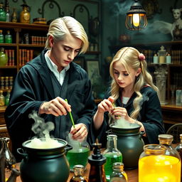 Draco Malfoy and Luna Lovegood working together in a Hogwarts potions classroom, surrounded by various potion ingredients and bubbling cauldrons