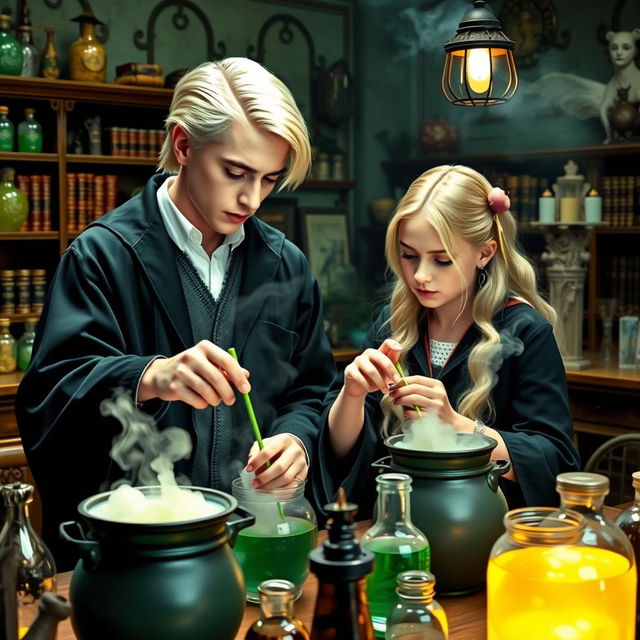 Draco Malfoy and Luna Lovegood working together in a Hogwarts potions classroom, surrounded by various potion ingredients and bubbling cauldrons