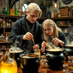 Draco Malfoy and Luna Lovegood working together in a Hogwarts potions classroom, surrounded by various potion ingredients and bubbling cauldrons