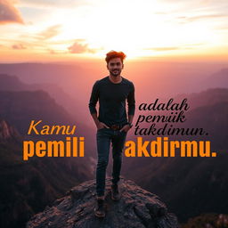 An empowering scene showing a person standing confidently at the edge of a vast cliff overlooking a stunning landscape at sunset