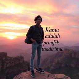 An empowering scene showing a person standing confidently at the edge of a vast cliff overlooking a stunning landscape at sunset