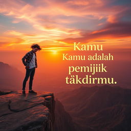 An empowering scene showing a person standing confidently at the edge of a vast cliff overlooking a stunning landscape at sunset