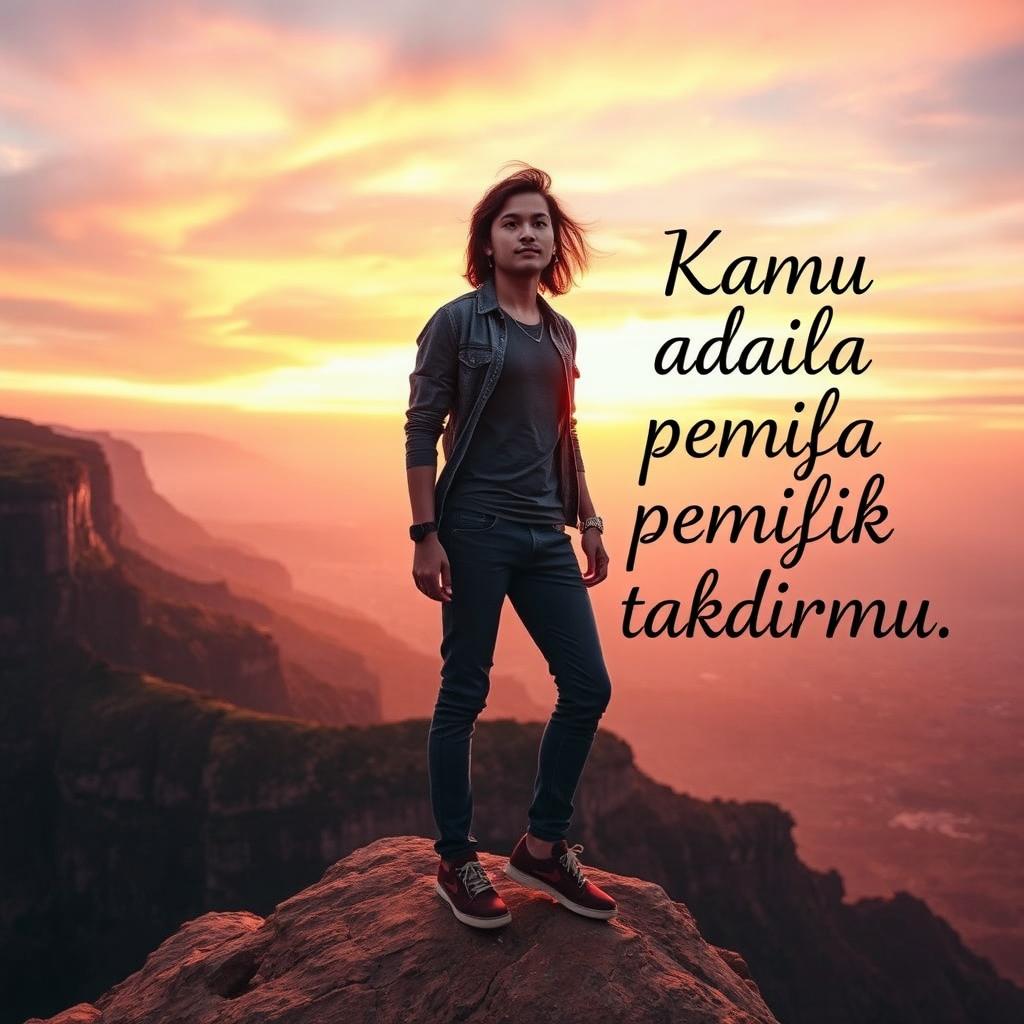 An empowering scene showing a person standing confidently at the edge of a vast cliff overlooking a stunning landscape at sunset