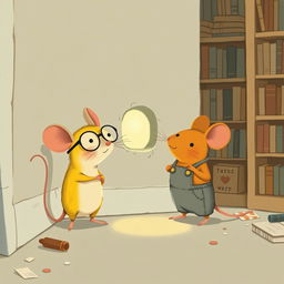 A whimsical scene featuring a yellow mouse wearing glasses and a gray mouse dressed in overalls, both curiously standing in front of a small hole in the wall