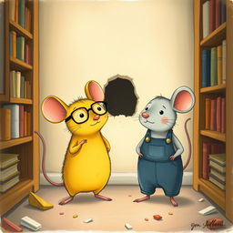 A whimsical scene featuring a yellow mouse wearing glasses and a gray mouse dressed in overalls, both curiously standing in front of a small hole in the wall
