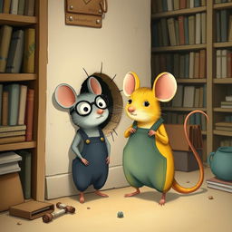 A whimsical scene featuring a yellow mouse wearing glasses and a gray mouse dressed in overalls, both curiously standing in front of a small hole in the wall