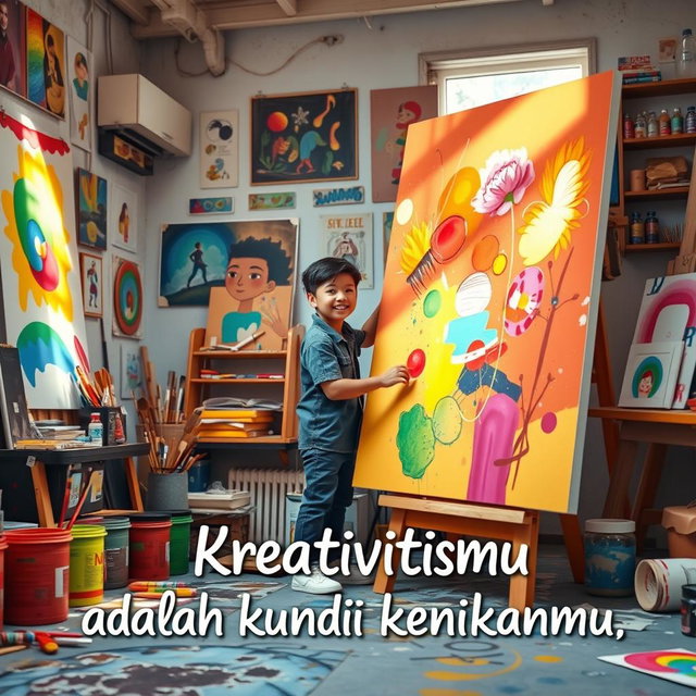 A vibrant and imaginative scene showcasing an artist in a colorful studio, surrounded by various art supplies such as paints, brushes, and canvases