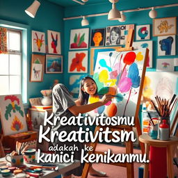 A vibrant and imaginative scene showcasing an artist in a colorful studio, surrounded by various art supplies such as paints, brushes, and canvases