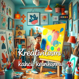 A vibrant and imaginative scene showcasing an artist in a colorful studio, surrounded by various art supplies such as paints, brushes, and canvases