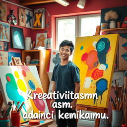A vibrant and imaginative scene showcasing an artist in a colorful studio, surrounded by various art supplies such as paints, brushes, and canvases