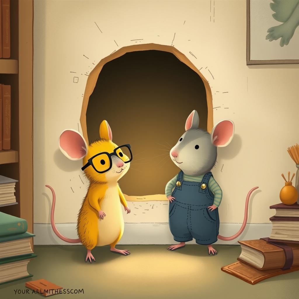 A charming scene featuring a yellow mouse wearing glasses and a gray mouse dressed in overalls, both standing in front of a small hole in the wall with expressions of curiosity and excitement