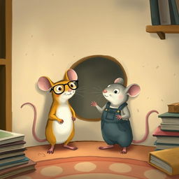 A charming scene featuring a yellow mouse wearing glasses and a gray mouse dressed in overalls, both standing in front of a small hole in the wall with expressions of curiosity and excitement