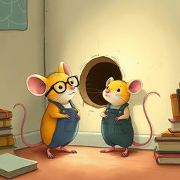 A charming scene featuring a yellow mouse wearing glasses and a gray mouse dressed in overalls, both standing in front of a small hole in the wall with expressions of curiosity and excitement