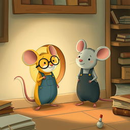 A charming scene featuring a yellow mouse wearing glasses and a gray mouse dressed in overalls, both standing in front of a small hole in the wall with expressions of curiosity and excitement
