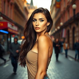 A beautiful Russian woman standing confidently, showcasing her graceful figure