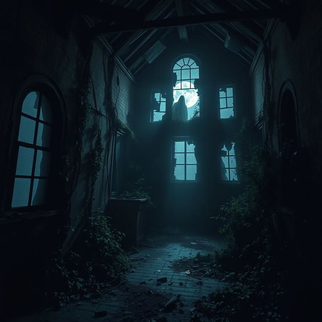 A terrifying and haunted abandoned house, filled with eerie spirits and a sense of dread