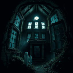 A terrifying and haunted abandoned house, filled with eerie spirits and a sense of dread