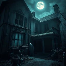 A terrifying and haunted abandoned house, filled with eerie spirits and a sense of dread