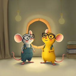 A whimsical illustration featuring a yellow mouse wearing glasses and a gray mouse dressed in overalls, both standing in front of a small hole in the wall