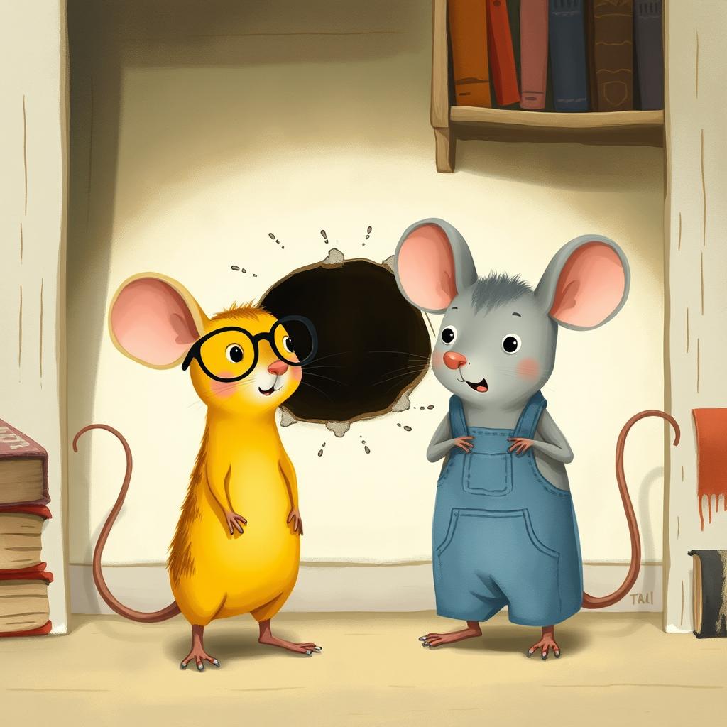 A whimsical illustration featuring a yellow mouse wearing glasses and a gray mouse dressed in overalls, both standing in front of a small hole in the wall