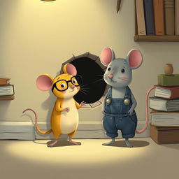 A whimsical illustration featuring a yellow mouse wearing glasses and a gray mouse dressed in overalls, both standing in front of a small hole in the wall