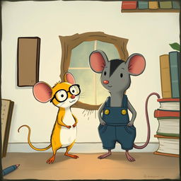 A whimsical illustration featuring a yellow mouse wearing glasses and a gray mouse dressed in overalls, both standing in front of a small hole in the wall