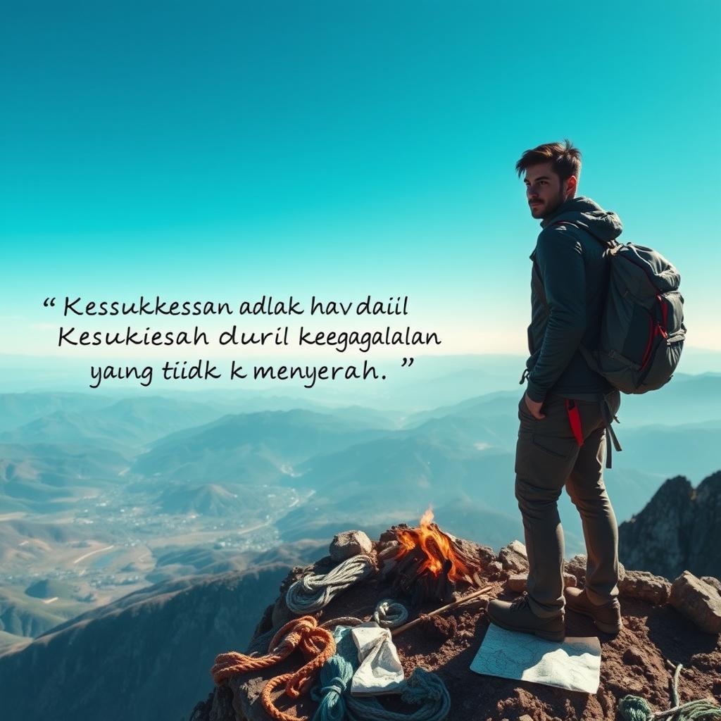 A motivational scene featuring a determined individual standing at the peak of a mountain after a challenging climb, looking out over a breathtaking panoramic view of valleys and distant mountains under a bright blue sky