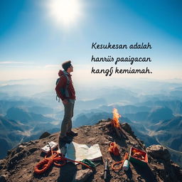 A motivational scene featuring a determined individual standing at the peak of a mountain after a challenging climb, looking out over a breathtaking panoramic view of valleys and distant mountains under a bright blue sky