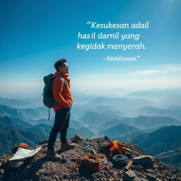 A motivational scene featuring a determined individual standing at the peak of a mountain after a challenging climb, looking out over a breathtaking panoramic view of valleys and distant mountains under a bright blue sky