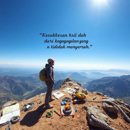 A motivational scene featuring a determined individual standing at the peak of a mountain after a challenging climb, looking out over a breathtaking panoramic view of valleys and distant mountains under a bright blue sky