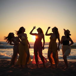 A group of confident and empowered women enjoying a sunny beach day, their silhouettes captured against the vibrant sunset, engaging in joyful activities such as laughter and playful antics