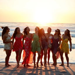 A group of confident and empowered women enjoying a sunny beach day, their silhouettes captured against the vibrant sunset, engaging in joyful activities such as laughter and playful antics