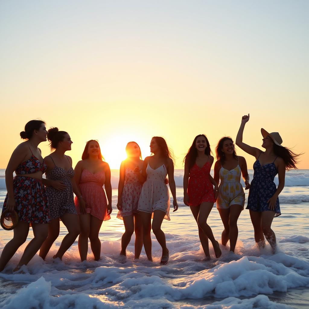 A group of confident and empowered women enjoying a sunny beach day, their silhouettes captured against the vibrant sunset, engaging in joyful activities such as laughter and playful antics