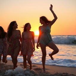 A group of confident and empowered women enjoying a sunny beach day, their silhouettes captured against the vibrant sunset, engaging in joyful activities such as laughter and playful antics