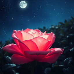 A beautiful glowing pink rose under a starlit night sky, with delicate petals that shimmer with dew
