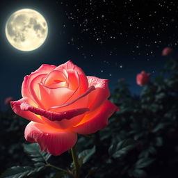 A beautiful glowing pink rose under a starlit night sky, with delicate petals that shimmer with dew