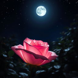 A beautiful glowing pink rose under a starlit night sky, with delicate petals that shimmer with dew